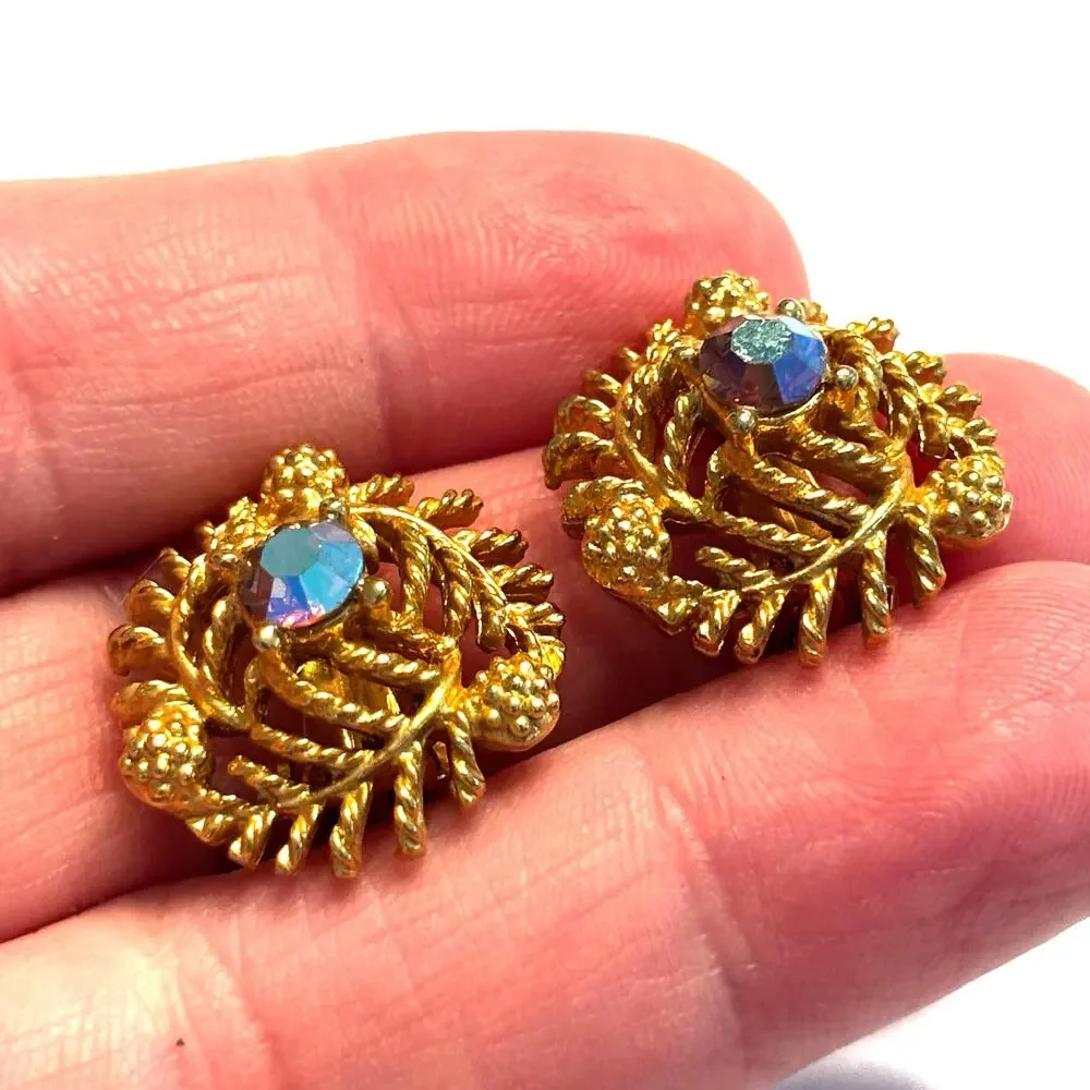 Vintage mid century clip on earrings ornate goldtone & AB center rhinestones